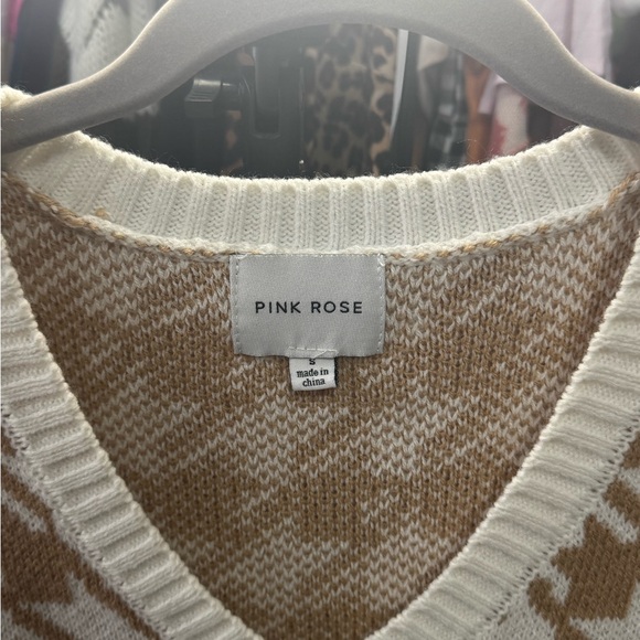 Pink Rose V-Neck Houndstooth Sweater Vest - Cream and Brown - Picture 2 of 6